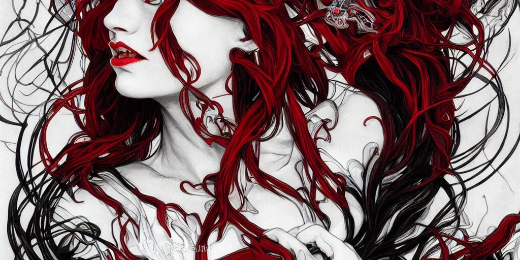 Prompt: black and red and white, roaring angry plant vampires by artgerm, intense lighting, light beams, lens flare, intricate blood tendrils by alphonse mucha, elegant, nightmare, highly detailed, digital painting, artstation, concept art, smooth, sharp focus, illustration, art by serpentigena and alphonse mucha