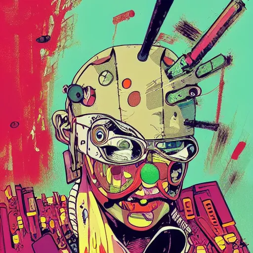 Image similar to cyberpunk clown cyborg portrait, illustration, pop art, splash painting, art by geof darrow, ashley wood, alphonse mucha, makoto shinkai