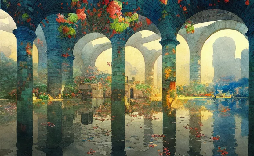 Image similar to tiled room squared waterway, aqueducts, fantasy. intricate, amazing composition, colorful watercolor, by ruan jia, by maxfield parrish, by marc simonetti, by hikari shimoda, by robert hubert, by zhang kechun, illustration, gloomy