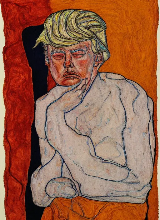 Prompt: Portrait of a sad Donald Trump by Egon Schiele