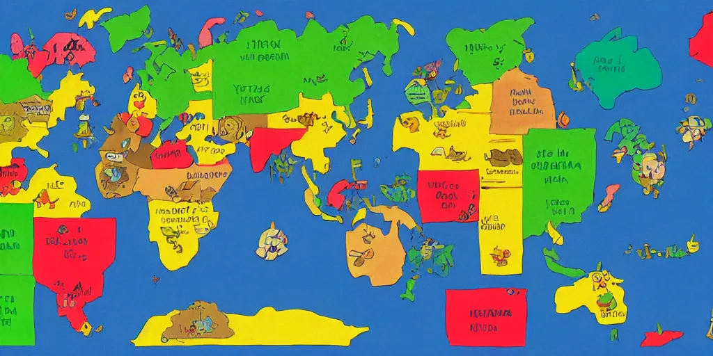 Image similar to a world map made out of colorful paper, in the style of paper mario