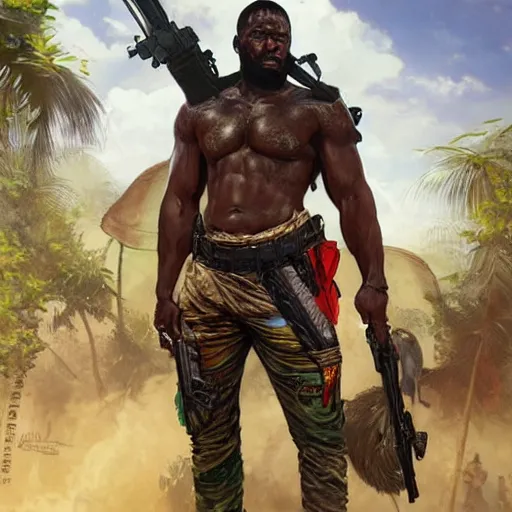 Image similar to hyperrealistic nigerian warlord, scared upper body and intimidating face, jungle setting with guerilla pickup trucks being present in the background, art by artgerm and greg rutkowski and alphonse mucha