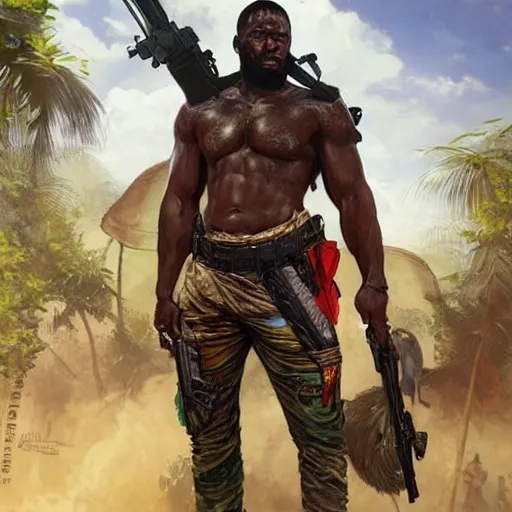 Prompt: hyperrealistic nigerian warlord, scared upper body and intimidating face, jungle setting with guerilla pickup trucks being present in the background, art by artgerm and greg rutkowski and alphonse mucha