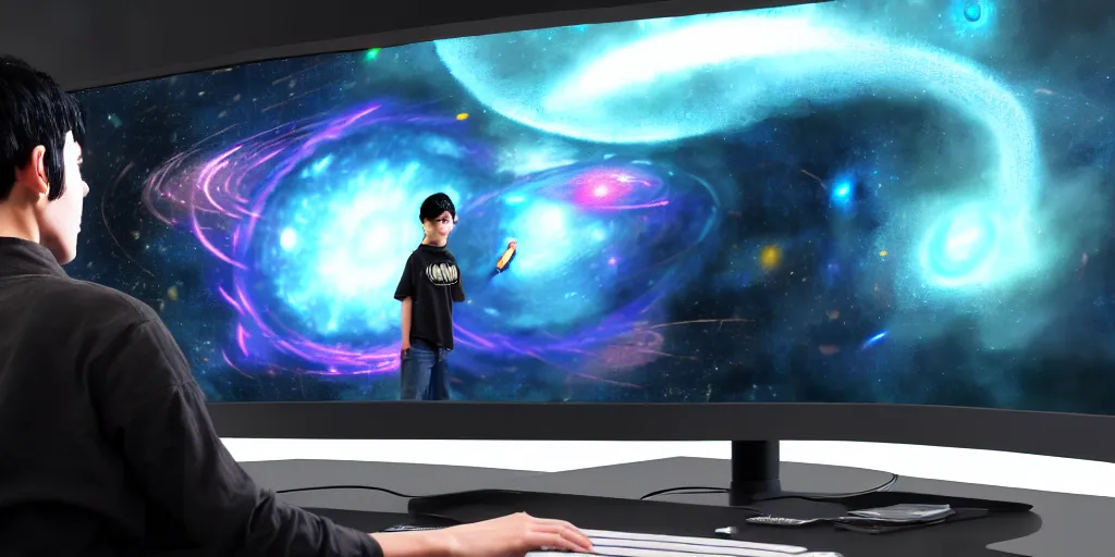 Image similar to a young mage creating a universe in his pc, a male mage in his 2 0 s with black hair sitting in front of wide monitor. hyperrealistic, extremely detailed, award - winning art, trending on artstation