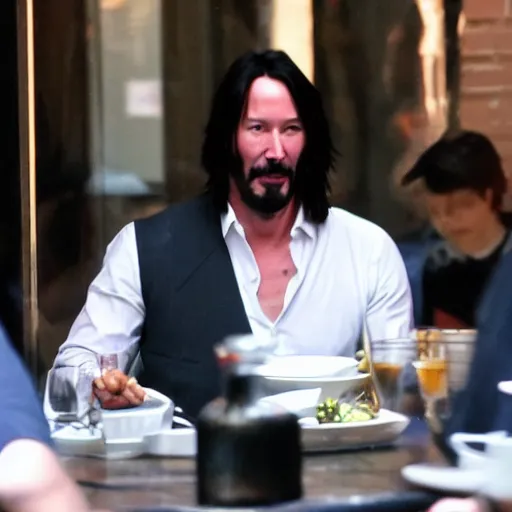 Image similar to Keanu Reeves having a dinner at the moon