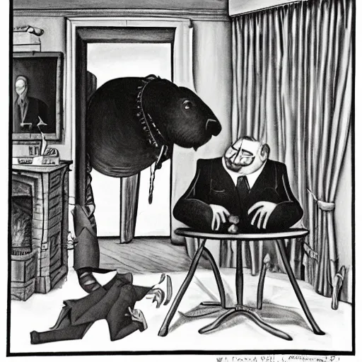 Prompt: the death of captain kangaroo, by charles addams,