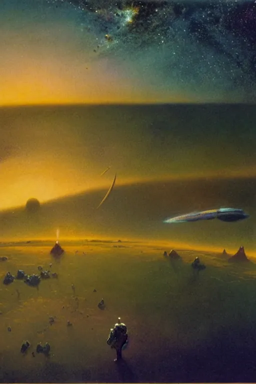 Prompt: emissary space by arthur haas and bruce pennington and john schoenherr, milky way, cinematic matte painting, 8 k, pastel color palate, mountainscape