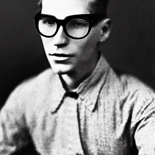 Prompt: A photograph portrait of Jerma985 wearing glasses with a middle-part haircut in the early 1910s, taken in the early 1910s, grainy, taken on a early 1900s Kodak Camera, realistic, hyperrealistic, very realistic, highly detailed, very detailed, extremely detailed, detailed, digital art, trending on artstation
