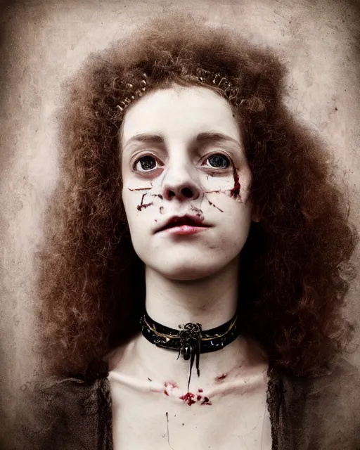 Image similar to an instant photo of a beautiful but creepy young woman in layers of fear, with haunted eyes and curly hair, wearing a vivienne westwood choker, 1 9 7 0 s, seventies, wallpaper, moorland, a little blood, moonlight showing injuries, delicate embellishments, painterly, offset printing technique, by mary jane ansell