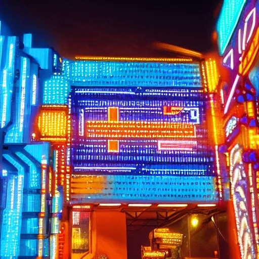 Image similar to ndebele cyberpunk city of the future, close up street scene, ndebele neon lights, high definition, detailed, futuristic, night scene, realistic