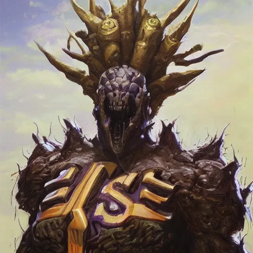 Image similar to full body portrait of a zerg overmind from star craft as the dictator of the los angeles lakers in full military garb, oil on canvas by william sidney mount, trending on artstation