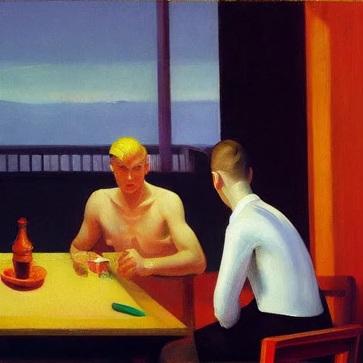 Prompt: a detailed painting, blonde man at a dinner table, dramatic lighting, edward hopper,