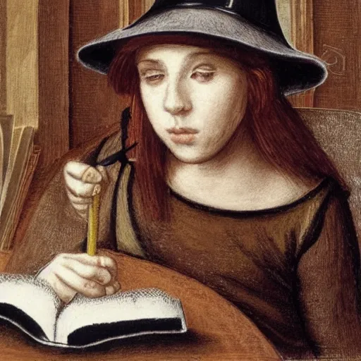Prompt: young medieval girl wearing witch's hat and headphones sitting studying