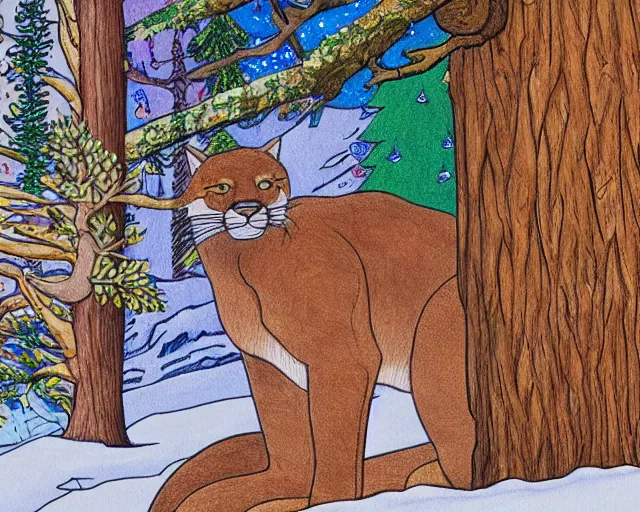 Image similar to unfinished colouring book showing 'a cougar sleeping in the middle of snowy pine tree' laying on coffee table, zoomed out shot, HD, iphone capture