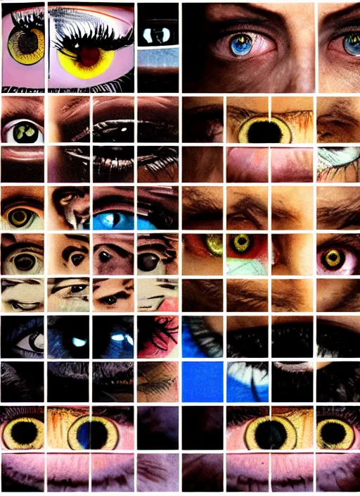 Prompt: grid montage of eyes, square dilated pupils, swuare irises, detailed colored textures, eyelashes, advanced art, art styles mix, from wikipedia, wet reflections in eyes, sunshine light, hd macro photograph, from side, various eyelid positions, square black pupil centered