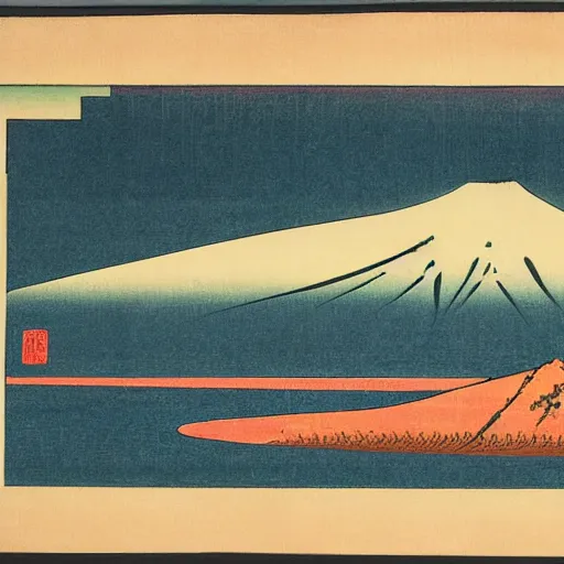 Image similar to Ukiyo-e depiction of Mount Fuji at sunrise