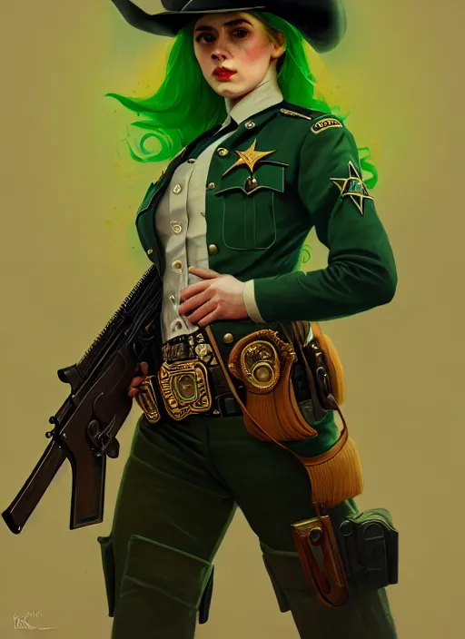 Image similar to female sheriff with a gun, beautiful girl, full body, green hair, cowboy hat, realistic, serov, surikov, vasnetsov, repin, kramskoi, insanely detailed, charlie bowater, tom bagshaw, high resolution, octane rendered, unreal engine, illustration, trending on artstation, masterpiece, 8 k