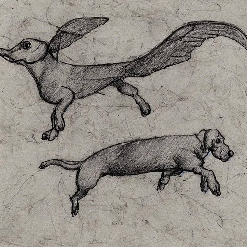 Image similar to leonardo da vinci sketch of a mechanical flying dachshund