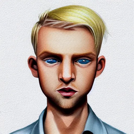 Image similar to thin blond man with blond hair long on top short down the sides, blond beard, small chin, thin nose, thin lips, english heritage, small blue eyes, small ears, pale skin, narrow face, digital art, painterly, cartoon, cute, 8k, illustration, art by loish, painterly, trending on artstation, medium shot, uncropped