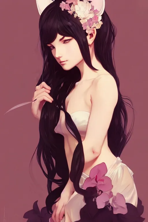 Image similar to A beautiful woman with cat ears, highly detailed, digital painting, artstation, concept art, smooth, sharp focus, illustration, art by artgerm and alphonse mucha, high definition digital art, in the style of Ross tran and ilya kuvshinov