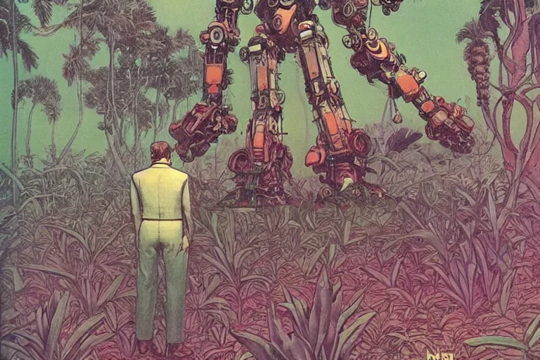 Image similar to gigantic man head, a lot of exotic vegetation around, trees, tremendous mecha robot, flowers, risograph!, oldschool vintage sci - fi flat surreal design, super - detailed, painting by moebius and jodorowski