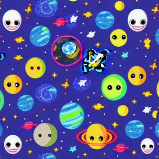 Image similar to outer space view of living planet with cartoon faces, style by kurzgesagt and pixar and dreamworks and disney