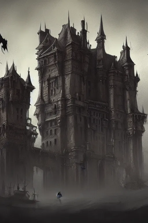 Image similar to concept art of a haunted palace, imposing view, cinematic, horror, photorealistic, vintage, artstation, painterly, expressive