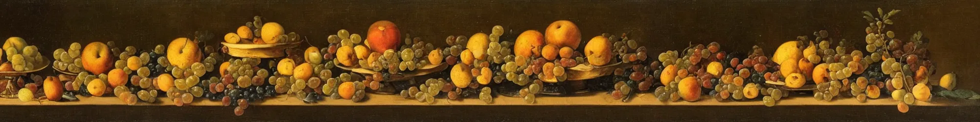 Prompt: still life with fruit and taxidermy on a very long table, oil on canvas (1767)