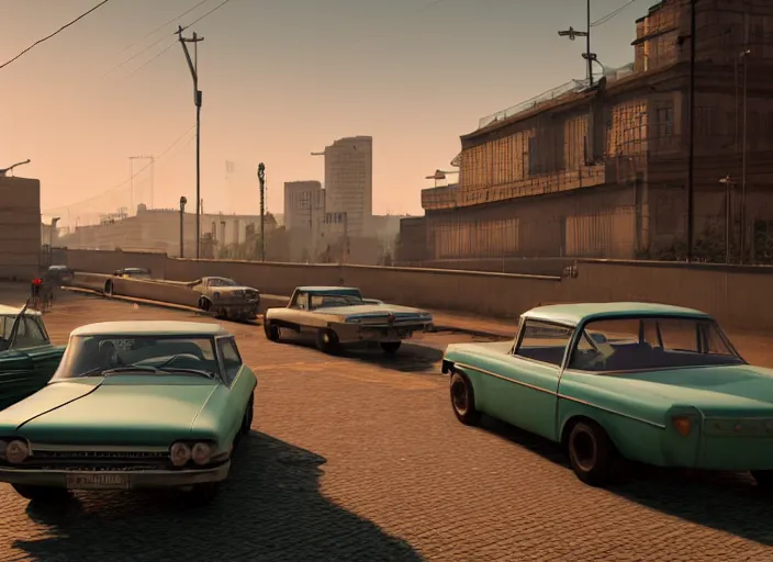 Prompt: hyperrealistic matte painting of gta game in soviet moscow, 1 9 6 0, playstation 5 screenshot, fine details, golden hour, beautiful rtx reflections, soviet suburbs, photorealistic, unreal engine 5, octane render, volumetric light, featured on cg society, 4 k, 5 0 mm bokeh, russian lada car, artstation