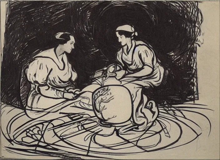 Prompt: abstract stylized pen and ink drawing on white paper of a woman sitting at a pottery wheel working on a vase, john singer sargent, van gogh, miro, vermeer