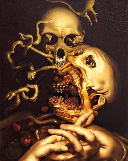 Image similar to refined gorgeous blended oil painting with black background by christian rex van minnen rachel ruysch dali todd schorr of a chiaroscuro portrait of an extremely bizarre disturbing mutated man with shiny skin acne dutch golden age vanitas intense chiaroscuro cast shadows obscuring features dramatic lighting perfect composition masterpiece