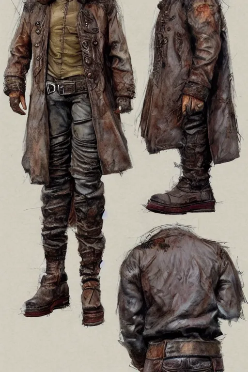 Prompt: character design, reference sheet, 40's adventurer, stained dirty clothing, straw hat, heavy boots, leather bomber jacket, realistic, hyperdetailed, concept art, , art by Frank Frazetta