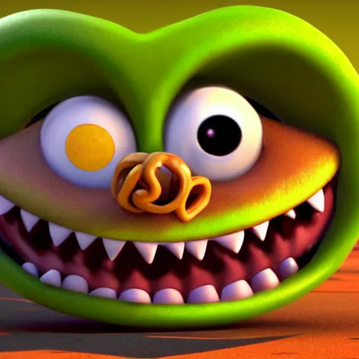 Prompt: cute anthropomorphic happy donut monster with big teeth and big eyes detailed character concept 3 d pixar style render 4 k