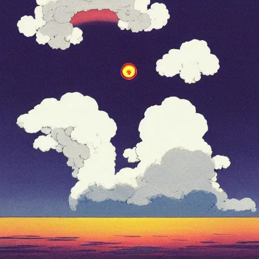 Image similar to atomic nucleus surrounded by clouds, energetic hope, studio ghibli