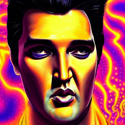 Prompt: an extremely psychedelic portrait of elvis, surreal, lsd, face, detailed, intricate, elegant, lithe, highly detailed, digital painting, artstation, concept art, smooth, sharp focus, illustration