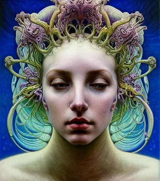 Prompt: detailed!!! coherent realistic beautiful young groovypunk!!! queen of andromeda galaxy. face portrait. art nouveau, symbolist, visionary, baroque, giant fractal details. horizontal symmetry by zdzisław beksinski, iris van herpen, raymond swanland and alphonse mucha!!!. highly detailed, hyper - real, beautiful