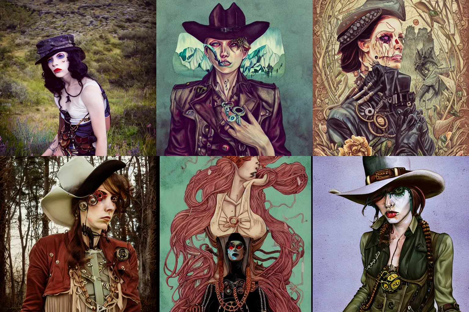 Prompt: portrait of a corrupted eldritch cowgirl in a scenic environment by martine johanna, steampunk, lovecraftian, oldwest, corruption, eldritch eyes