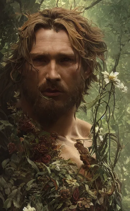 Image similar to god of the forest, 3 0 years old, rugged, handsome, male, detailed face, clean lines, atmospheric lighting, amazing, full body, flowers, muscular, intricate, highly detailed, digital painting, artstation, concept art, sharp focus, illustration, art by greg rutkowski and alphonse mucha