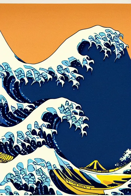 Image similar to Patrick Nagel Poster Illustration of The Great Wave off Kanagawa, sunset in the background