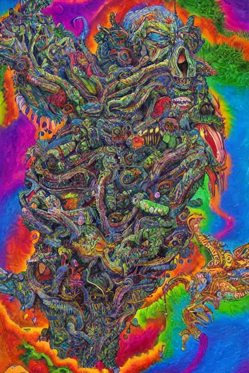 Prompt: a very high hyperdetailed painting with complex textures of a group of monsters united within a larger monster, made of candies and psychotropic psychoactive substances psychedelic fulcolor spiritual chaos surrealism horror bizarre psycho art