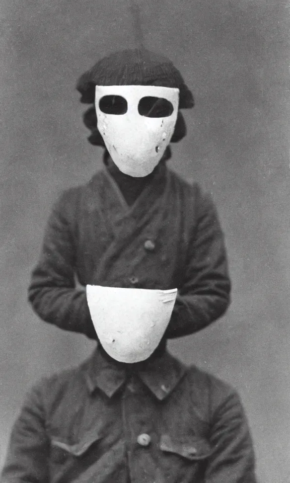 Prompt: person wearing japanese mask mask, ww1 photo, grainy, high detail, high resolution,