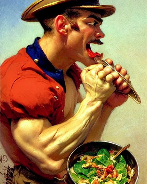 Image similar to attractive popeye the sailor man eating a spinach salad, painting by gaston bussiere, craig mullins, j. c. leyendecker,