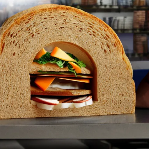 Image similar to a robot living inside a bread sandwish seen from outside, hyper detailed,