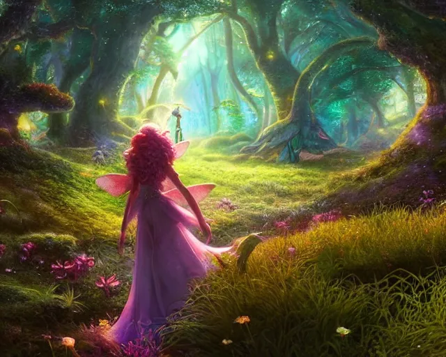 Image similar to beautiful faerie princess walks through happy trippy fungal landscape, by weta, pixar, dan mumford, yusuke murata, makoto shinkai, ross tran 8 k award winning photography, cosmic, heavenly, god rays, intricate detail, cinematic, unreal engine, cel shaded