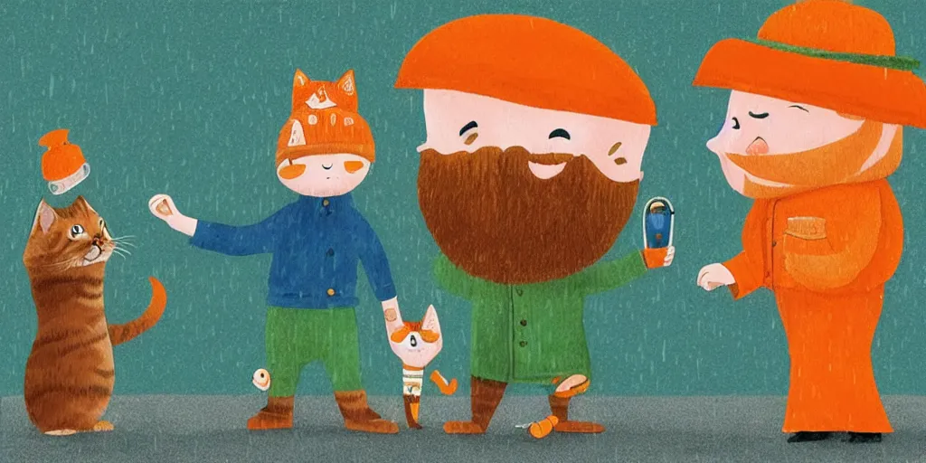 Prompt: a beard man and an orange tabby kitten standing in the rain by richard scarry