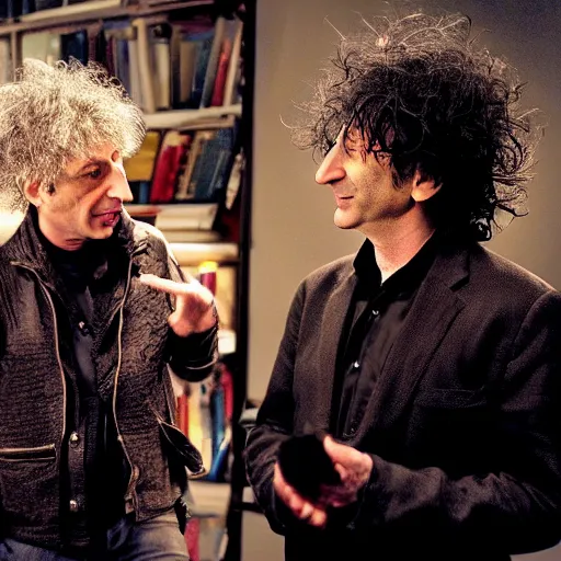 Image similar to a dramatic photograph of neil gaiman having a conversation with dream from the sandman in a fantasy world, dramatic lighting, filmic, cinematographic, sci - fi