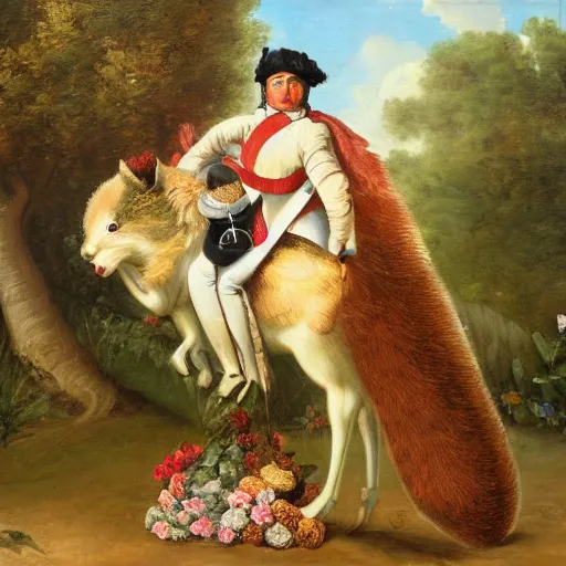 Image similar to a giant fluffy squirrel carrying napoleon bonaparte on its back, beach scene, flowers and foliage, detailed oil painting