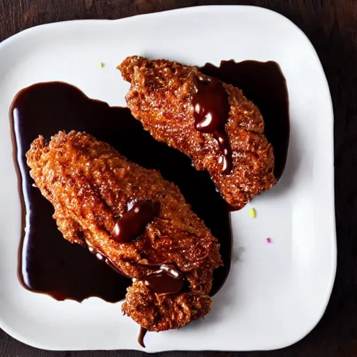 Prompt: fried chicken drizzled in chocolate sauce and sprinkles