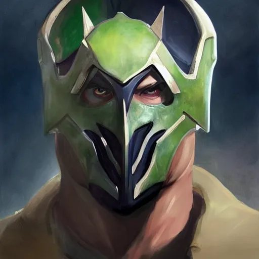 Prompt: greg manchess portrait painting of partially armored jade from mortal kombat wearing a half mask as overwatch character, medium shot, asymmetrical, profile picture, organic painting, sunny day, matte painting, bold shapes, hard edges, street art, trending on artstation, by huang guangjian and gil elvgren and sachin teng