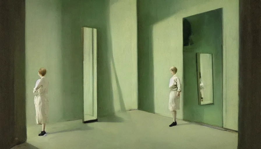 Image similar to painting by borremans, queen in light green hall with mirrors on the walls, detailed, stunning